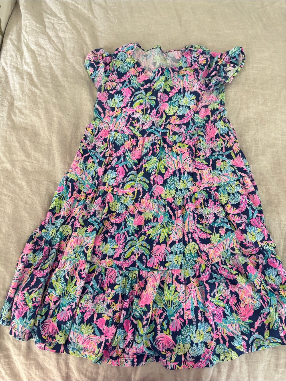 Lilly Pulitzer Girls Navy Floral Tiered Dress - Pink & Green Print